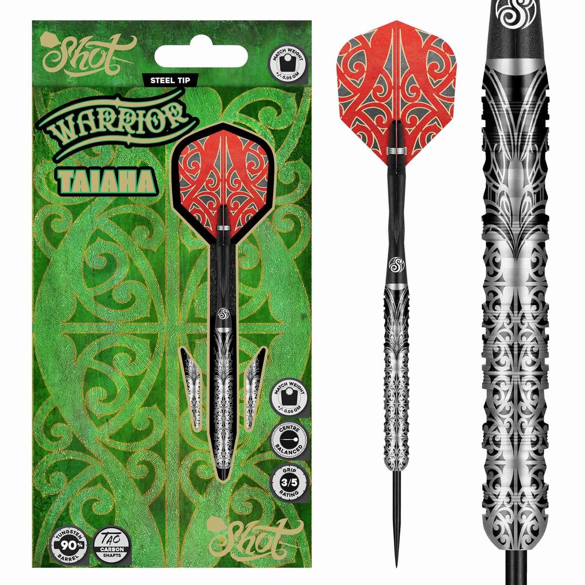 Shot Warrior Taiaha 90% – Vue Principale Fléchettes Acier - Darts180