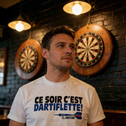 T-shirt Darts180 Ce soir c'est Dartiflette Blanc – Mock-up Avant - Darts180