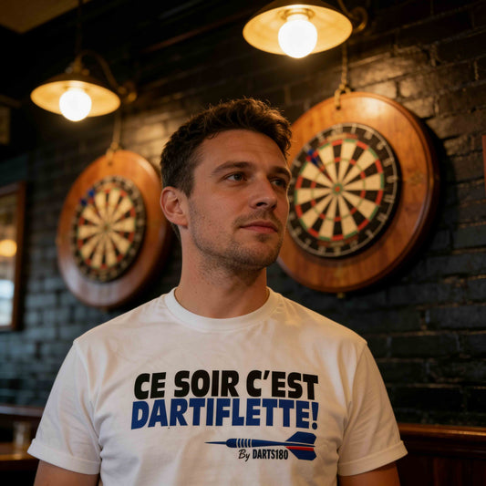 T-shirt Darts180 Ce soir c'est Dartiflette Blanc – Mock-up Avant - Darts180
